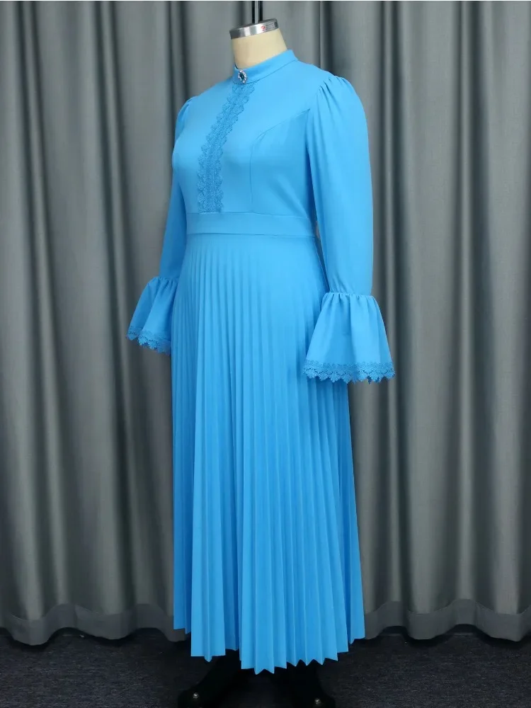 Women's Sexy Blue Lantern Long Sleeved Maxi Dress Elegant Nail Bead Pleated Party Club Princess Dresses Church Muslim Robe