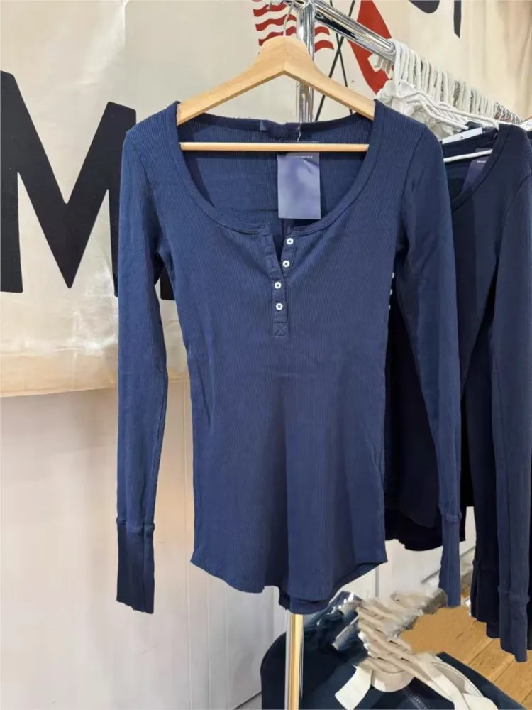 

Four Buttons Navy Ribbed T-shirts Women Spring Cotton Slim Patchwork Long Sleeve Tees Sweet Vintage Streetwear Zelly Tops New