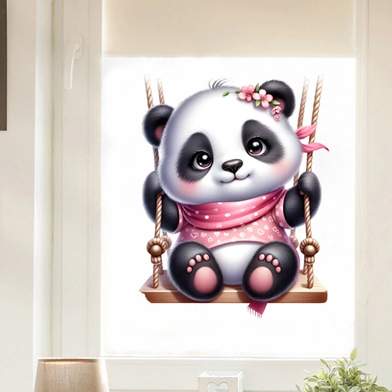 Cute Pink Baby Panda Plays Swings Vinyl Mural Stickers Home Decoration for Kids Room Self Adhesive Wallpaper on the Door Wall