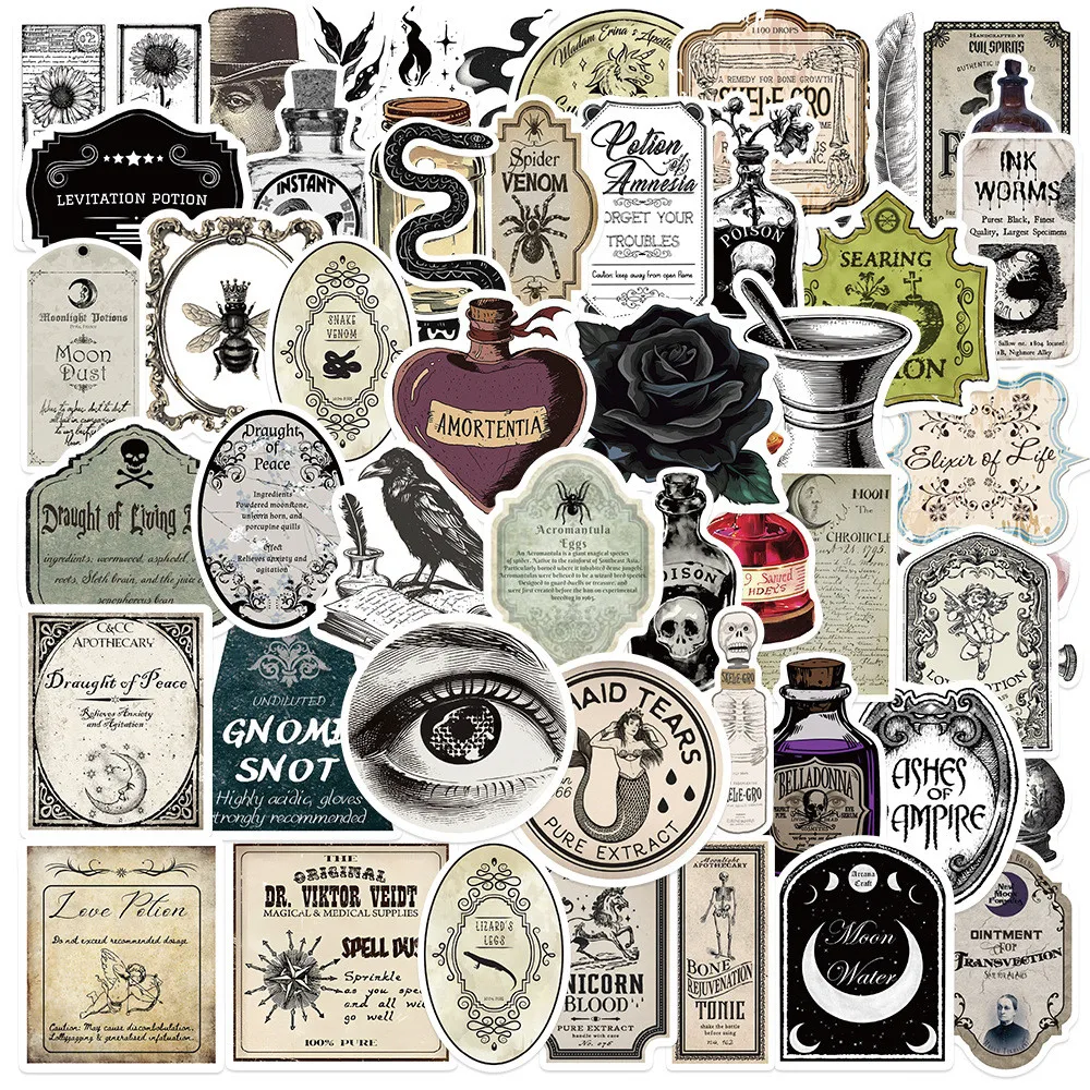 50-teiliges Gothic-Apotheker-Aufkleber-Set (4 Stile) |   Wasserfeste Vinyl-Aufkleber für Gepäck und Tech Gear RecordingYourLife Store