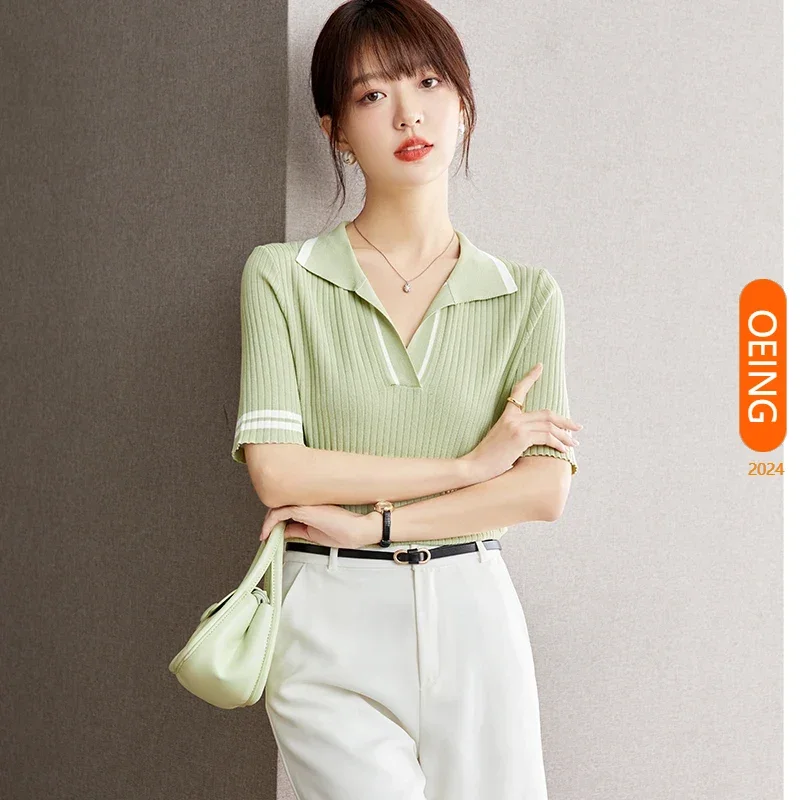 

Knitted T-shirt for Women 2024 Summer New Elegant Chic Slim Fit Casual Short Sleeve V-neck Green Knitwear Tops Tees Shirts A2908