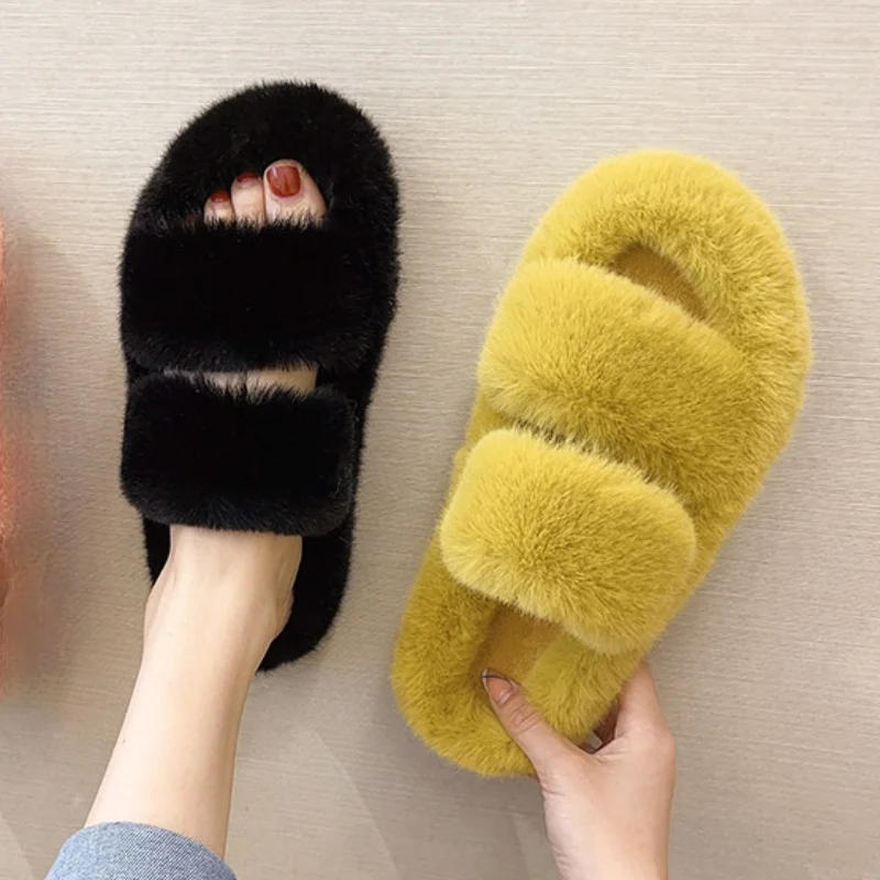 2023 Winter Keep Warm Women Fur Furry Slippers for Home Fluffy Soft Indoor Slides Thick Flats Heel Non Slip Indoor House Shoes