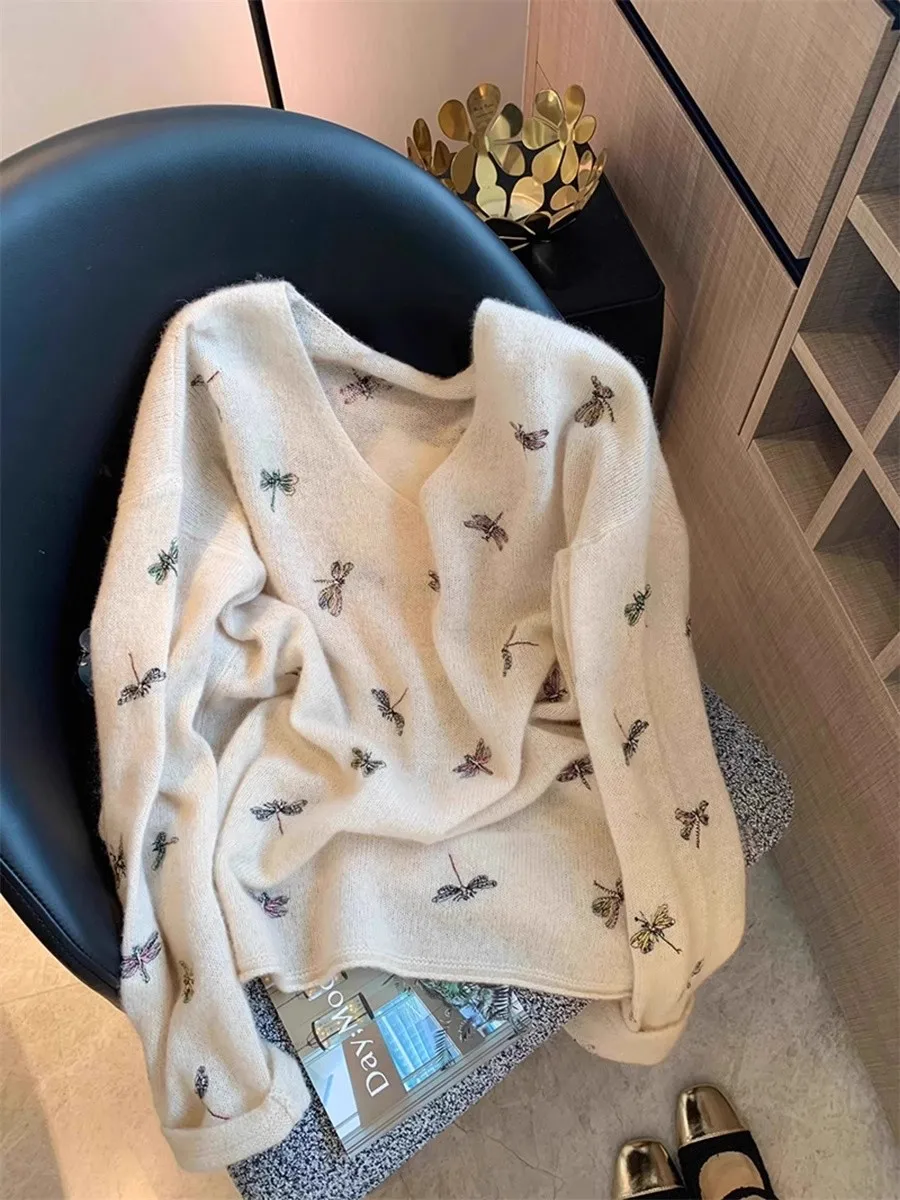 

Ele Embroidered V-ne Knitted Sweater Women's Soft Cozy Autumn New Sle Commute Loose Fit Long Sve Top