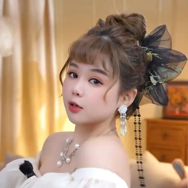 Dreaming Elf Korean Fresh Heavy Industry Embroidery Flowers Dreaming Goddess Romantic Atmosphere Tassel Ponytail Gripper