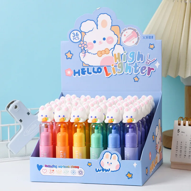 

36 Pcs with Box Cute Rabbit Seal Highlighter Cartoon Shape Graffiti Pen Student Handbook Pen Children's Gift Creative Stationery