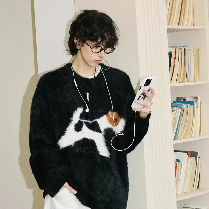 

Свободный вязаный свитер с круглым вырезом и длинными рукавами, с узором в виде терриера, из искусственного меха, повседневная одежда для подростков