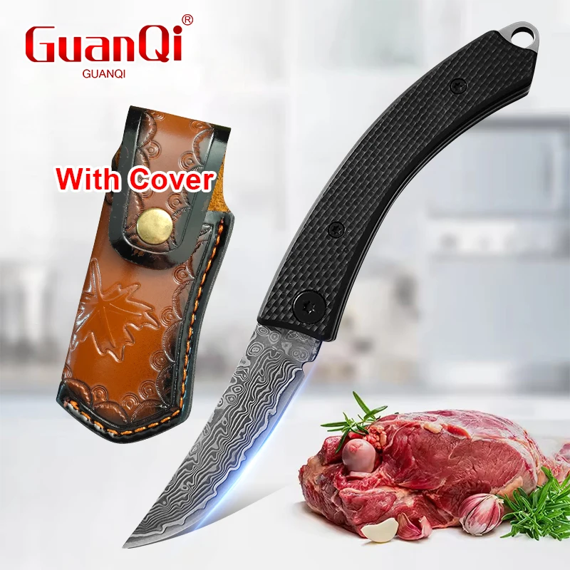 Damascus Steel Folding Fruit Knife Sharp Boning Knife BBQ Meat Cutting Knife Pocket Paring Slicing Kitchen Knive with Sheath