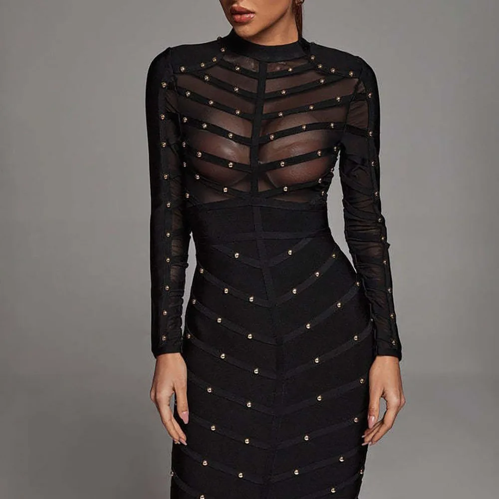 Sexy Vrouwen Jurken Zware Industrie Genageld Sheer Geborduurde Flares Mesh Lange Mouwen Jurken Halter Bandage Avond Jurken