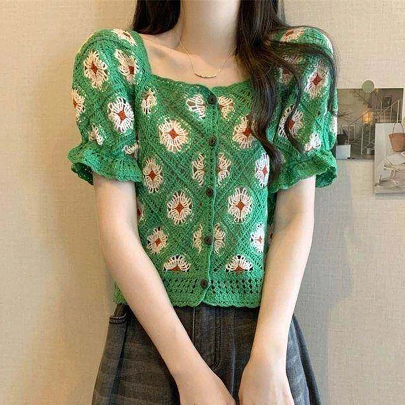 Women's Floral Embroidered Crochet Top Button Down Square Neck Short Sleeve Open Knit Lace Blouse Beach Shirt