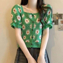 Women's Floral Embroidered Crochet Top Button Down Square Neck Short Sleeve Open Knit Lace Blouse Beach Shirt