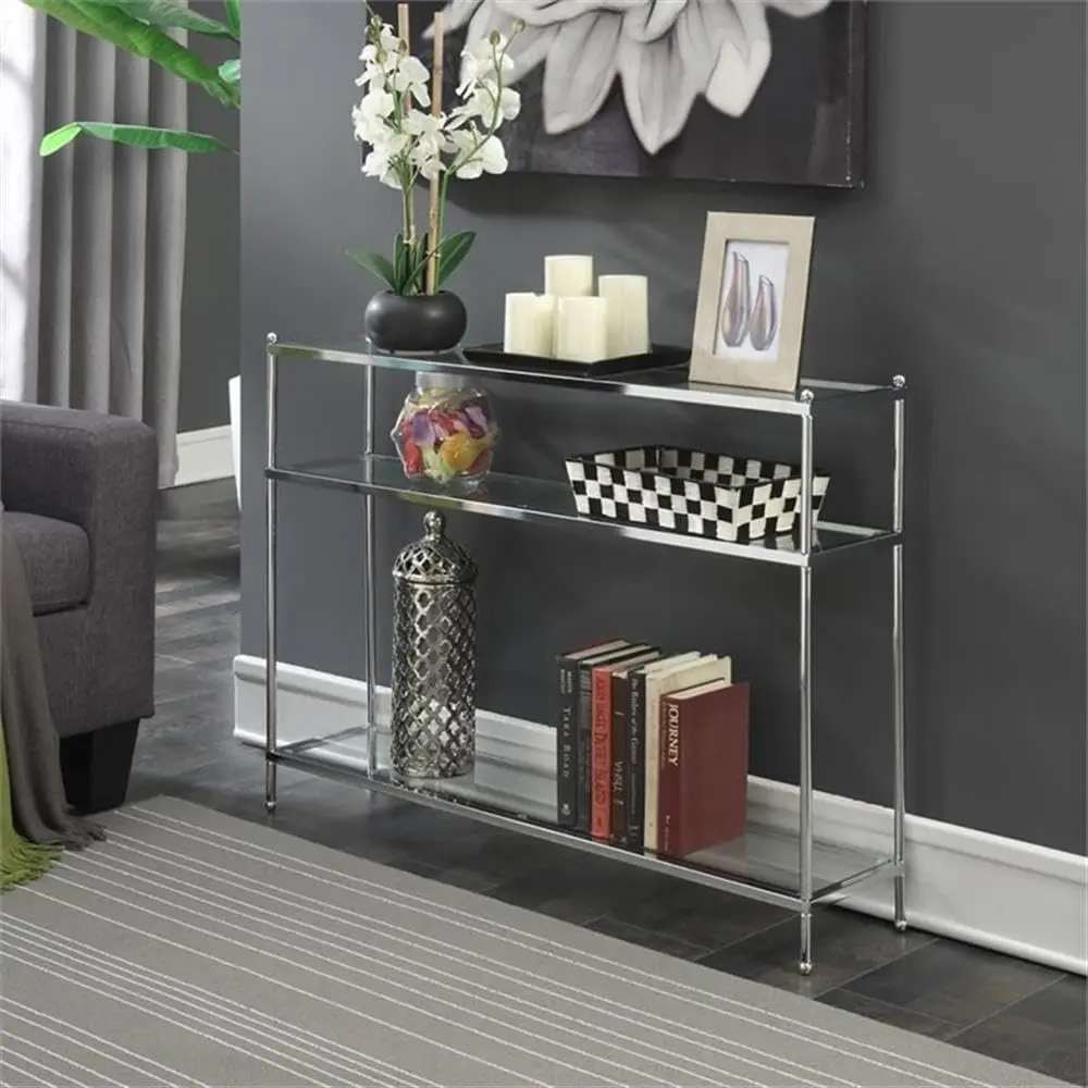 Modern 3-Tier Console Table Clear Glass Shelves Chrome Frame 30