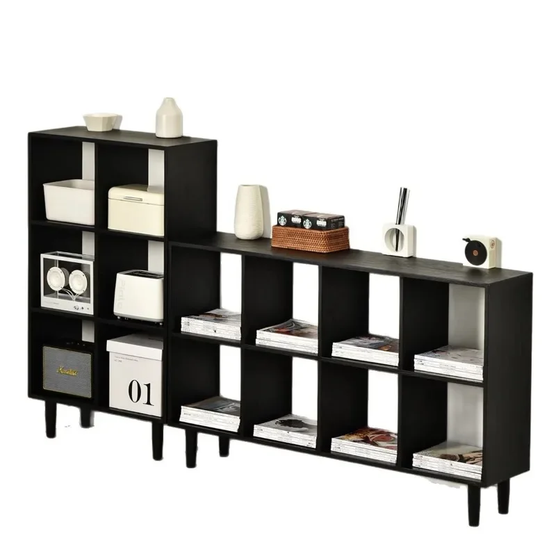 Solid wood floor-to-ceiling bookcase, oak storage, black lattice rack.