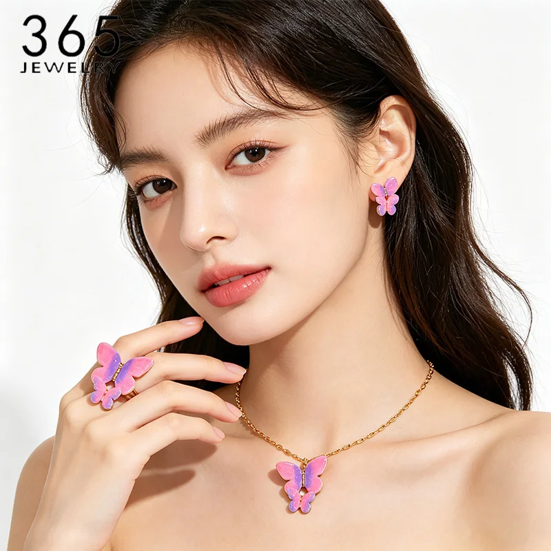 365 Sweet Pink Purple Gradient Enamel Butterfly Stainless Steel Necklace Earrings Ring for Women Girls Party Jewelry Set Gifts