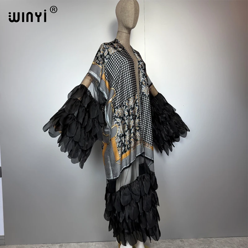 WINYI Catwalk sexy Kimono Women Print coat Long Sleeve Cardigan abaya dubai luxury beachwear Cover Up boho dress holiday Caftan