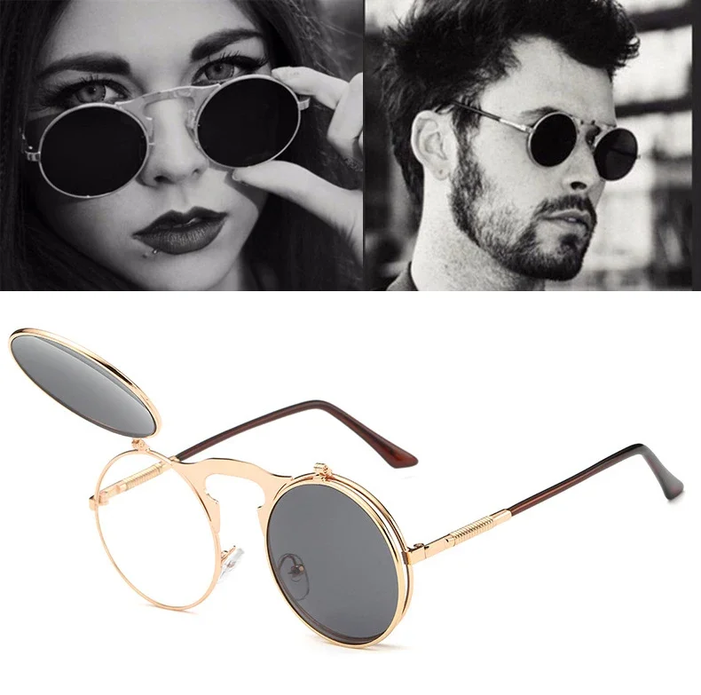 Vintage runde Steampunk Flip Up Sonnenbrille Steam Punk Clam shell Design Retro Sonnenbrille Oculos de Sol UV400