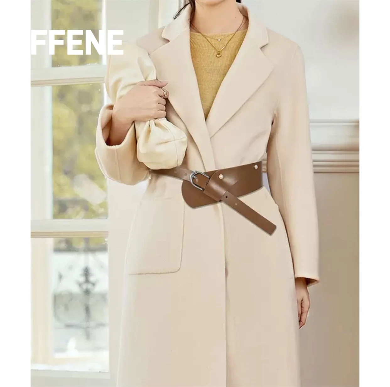 

A new, luxurious women's belt with a versatile design featuring genuine leather strap and a wide, adjustable waistband.