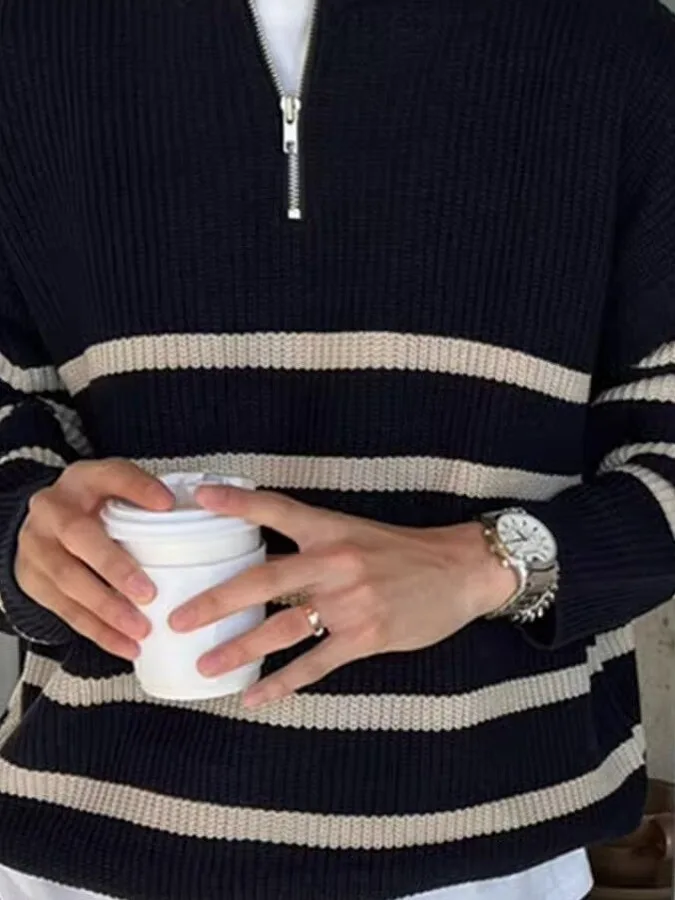 

Свободный крой, длинный вязаный свитер на молнии, спортивная полоска, мужской осенне-теплый зимний термостойкий воротник-стойка, повседневный Faion Polyes...