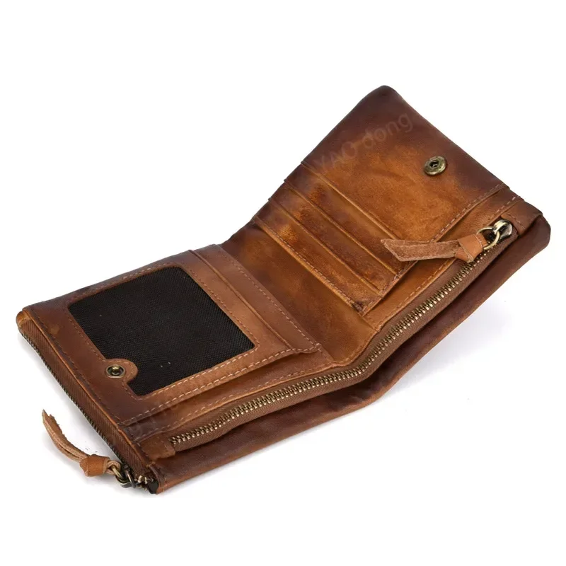 Yao Dong Cowhide retro double zipper men's wallet genuine leather retro top layer cowhide men's bag casual zero wallet