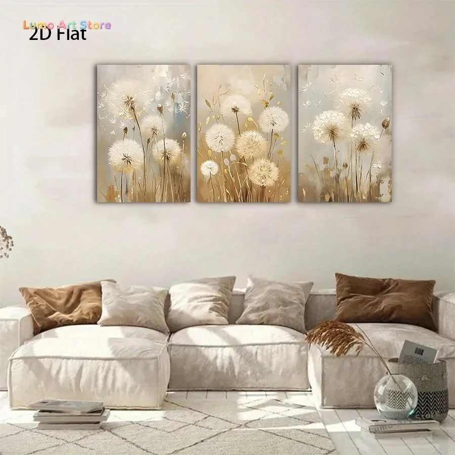 2D Flat, Set of 3 Frameless Canvas Prints Featuring a 2D Flat Design in an Impressionist Style, Showcasing Light Bro