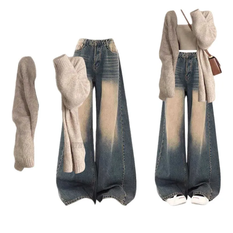 

Spring and Autumn Korean Knitted Sweater Cardigan Vest Retro Denim Elegant Women's Three Piece Set