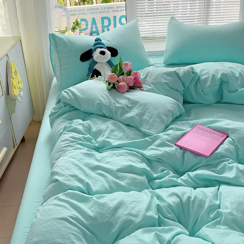 Ins Style Solid Color Bedding Set Skin-Friendly Washable Fabric Bedclothes for Adults Queen King Size Sheet Kit with Quilt Cover
