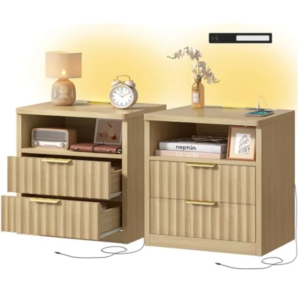 Fluted Nightstands Set of 2, Night Stand with Charging Station and LED Light, Storage Drawer and Open Shelf, Modern
