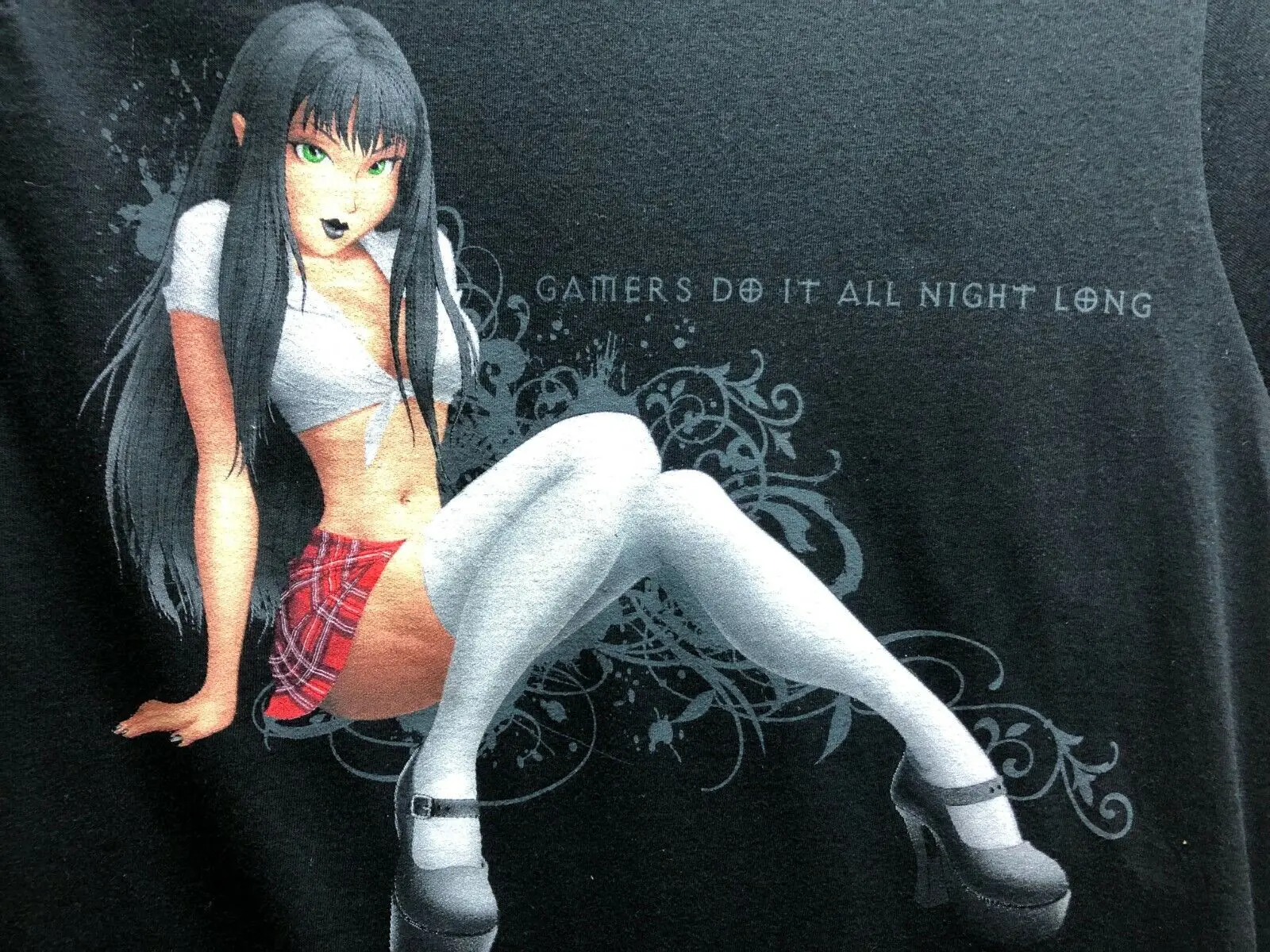 

Sexy Anime School Girl Mens Black T-Shirt Gamers Do It All Night Long Sz Large