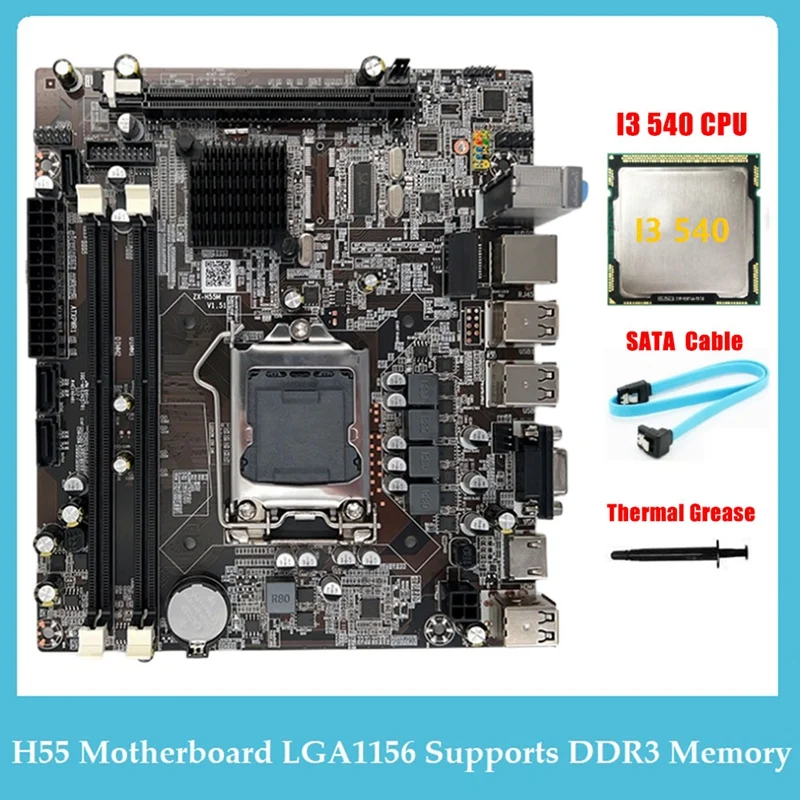

Материнская плата H55 LGA1156 для настольного компьютера, совместима с процессором I3 530, I5 760, материнская плата с памятью DDR3 + процессор I3 540 + кабель SATA + термопаста