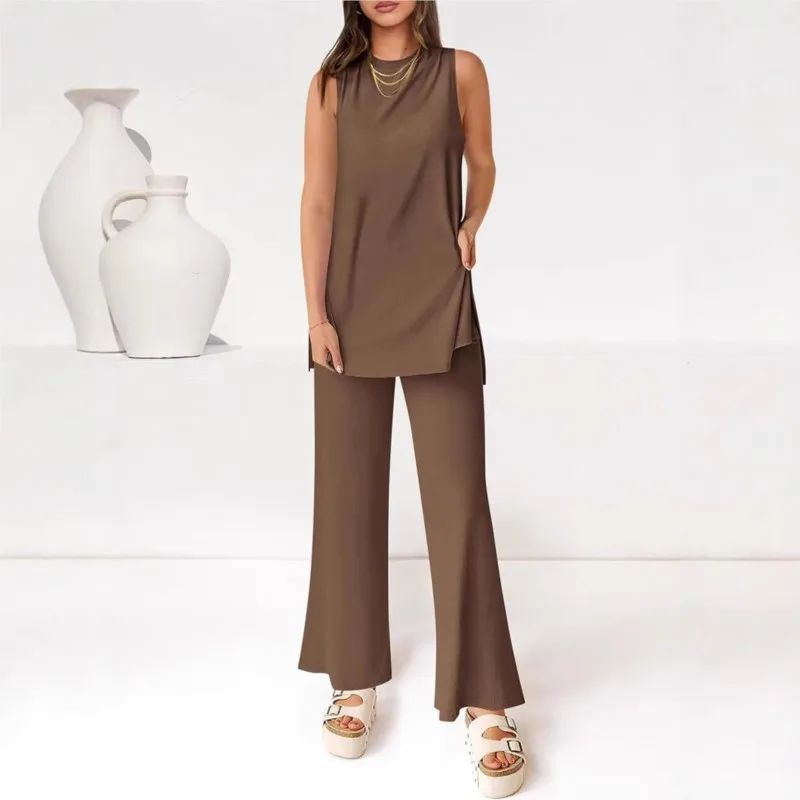 

Solid Color 2-piece Casual Suit Women 2025 Summer Casual Loose Sleeveless Vest Split Hem Tops & Wide-leg Pants Set Sportswear