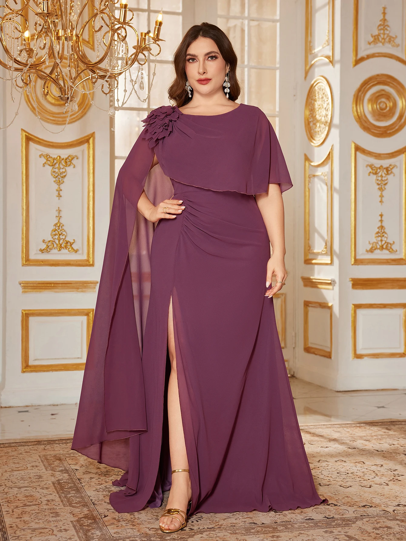 

Элегантное вечернее платье UNITHORSE больших размеров с круглым вырезом, рукавами «летучая мышь», драпировкой спереди, расклешенным подолом и разрезом, платье для подружки невесты