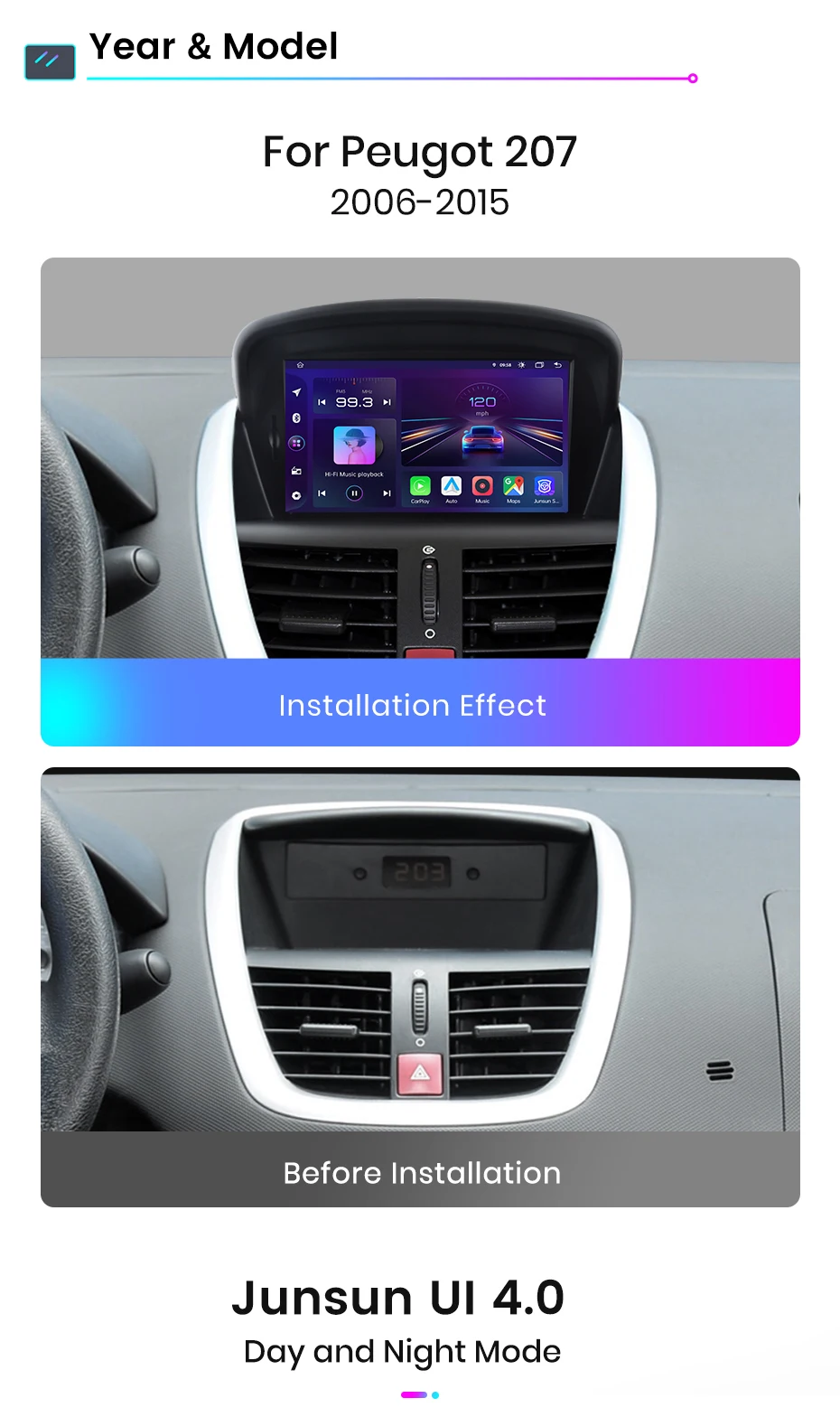 Junsun 7 "Wireless Carplay Android Auto Auto Radio für Peugeot 207 207CC 2006 2007-2015 Stereo GPS Multimedia Player 4G FM SWC – Detail 4
