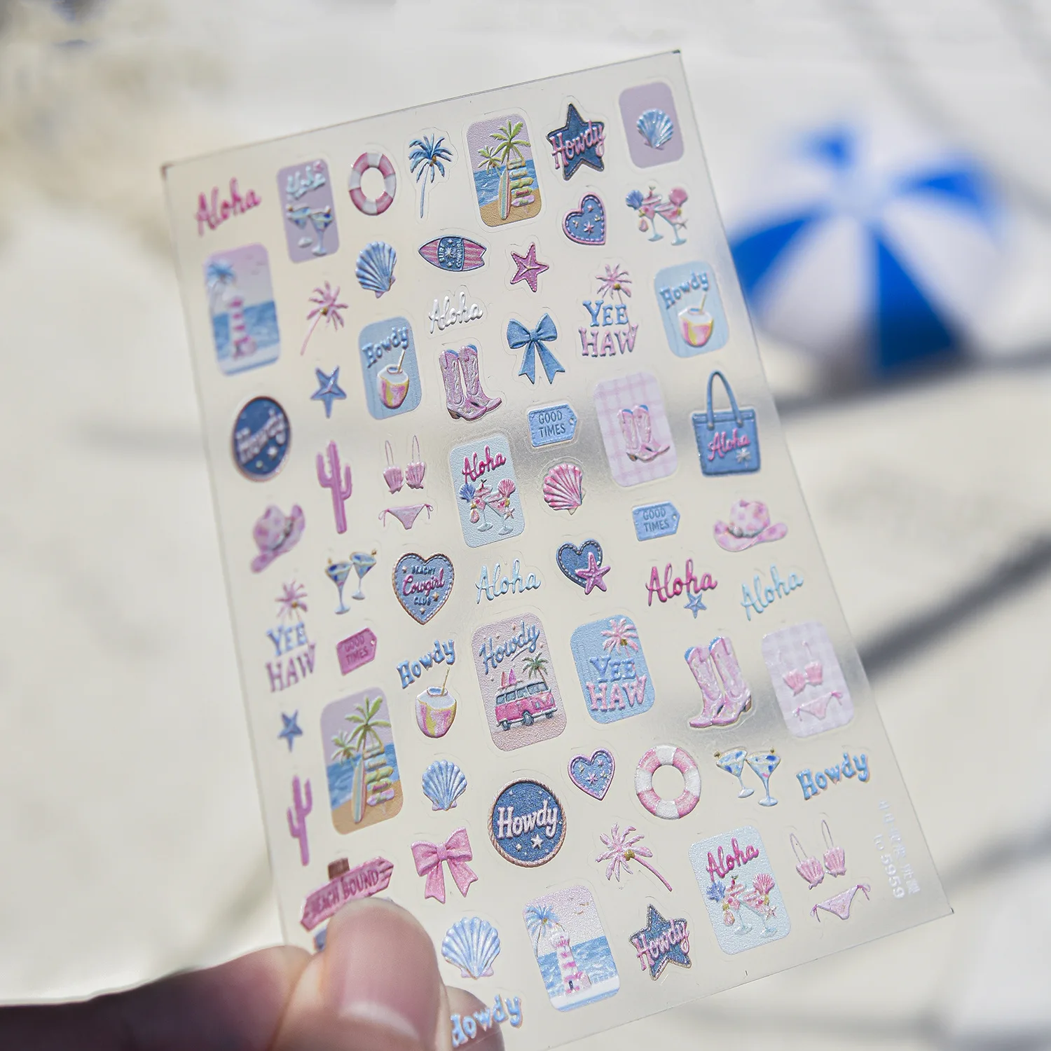 Tropische Strand-Nagelaufkleber 5D: Palmen, Rettungsringe, Muscheln, Cocktailgläser, Westernstiefel, Sonnenhüte, Bikinis, Schleifen – Nagelsticker