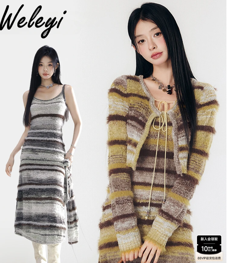 

Winter Retro Stripes Gradual Knitting Outfits Women 2024 New Elegant Woman Long Sleeve Plush Knitted Cardigan and Long Dress Set