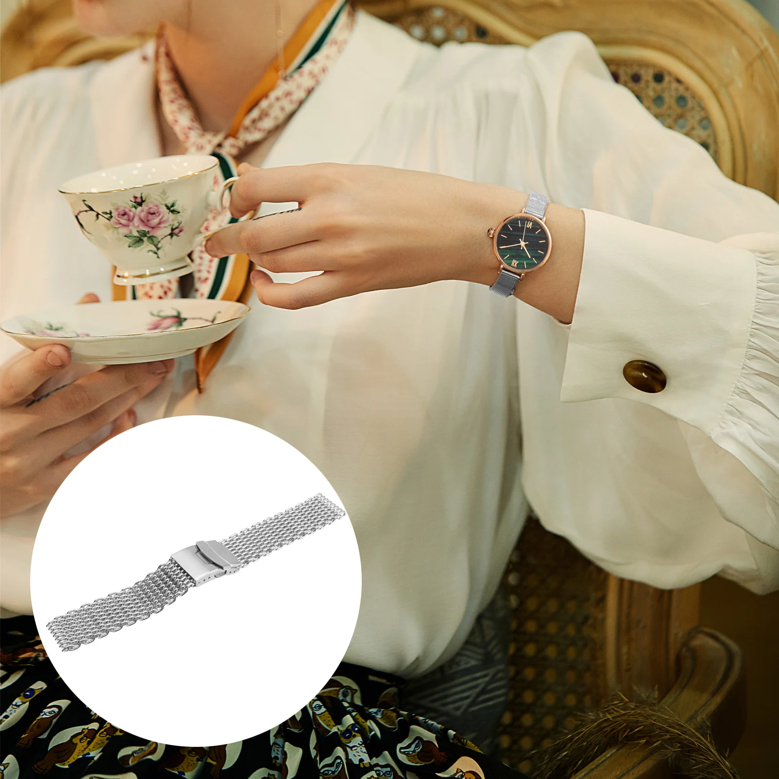 حزام ساعة من الفولاذ المقاوم للصدأ مقاس 20 مم، حزام معدني شبكي على شكل قرش، مشبك قابل للطي، كلاسيكي عصري للاستخدام اليومي باللون الفضي #1