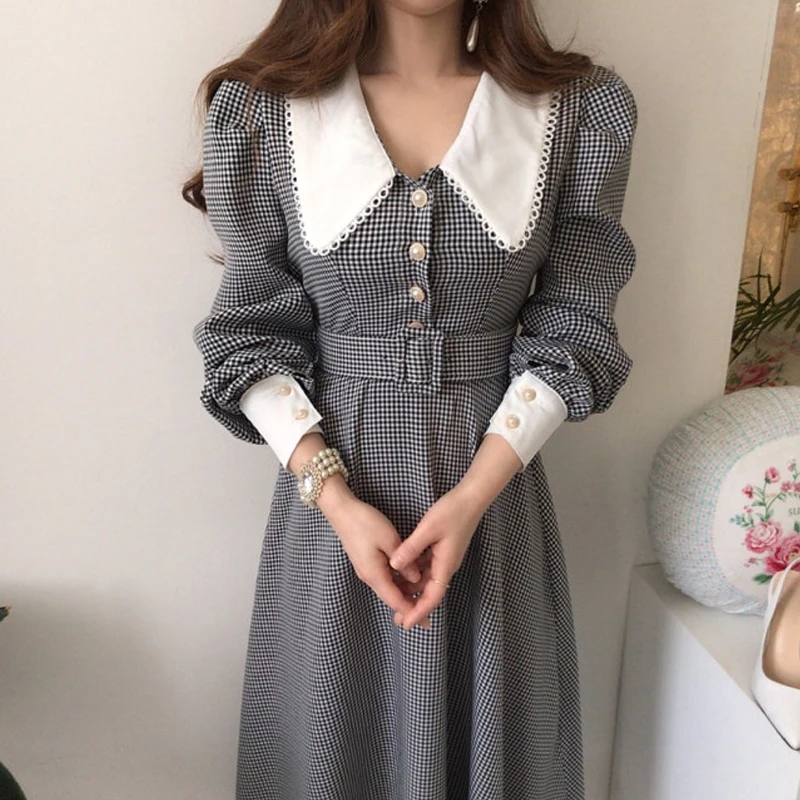 Elegant Korean Autumn Plaid Lapel Neck A Line Dress Chic Women Peter Pan Collar Puff Sleeve Pearls Button Belt Long Vestidos