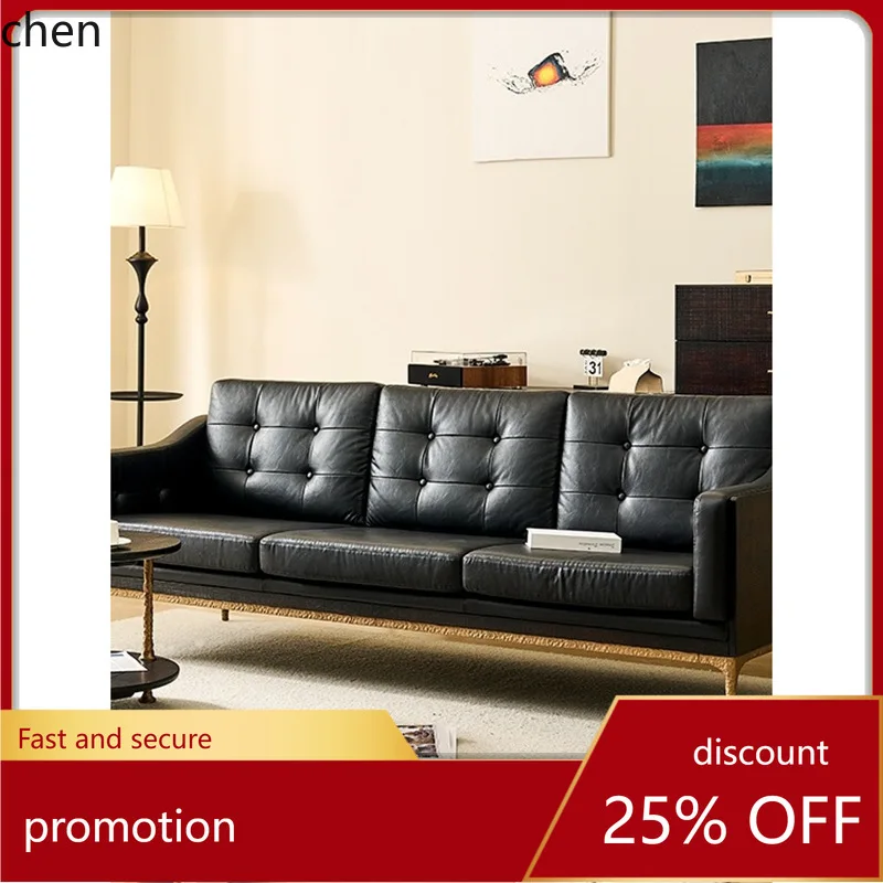HT Retro Three-Seater Oil Wax Leather Sofa Vintage Style Solid Wood Frame Sofa Single-Seater Sofa
