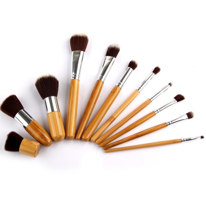 11Bamboo Handle Makeup Brush Set with Linen Storage Bag Makeup Tools Beauty