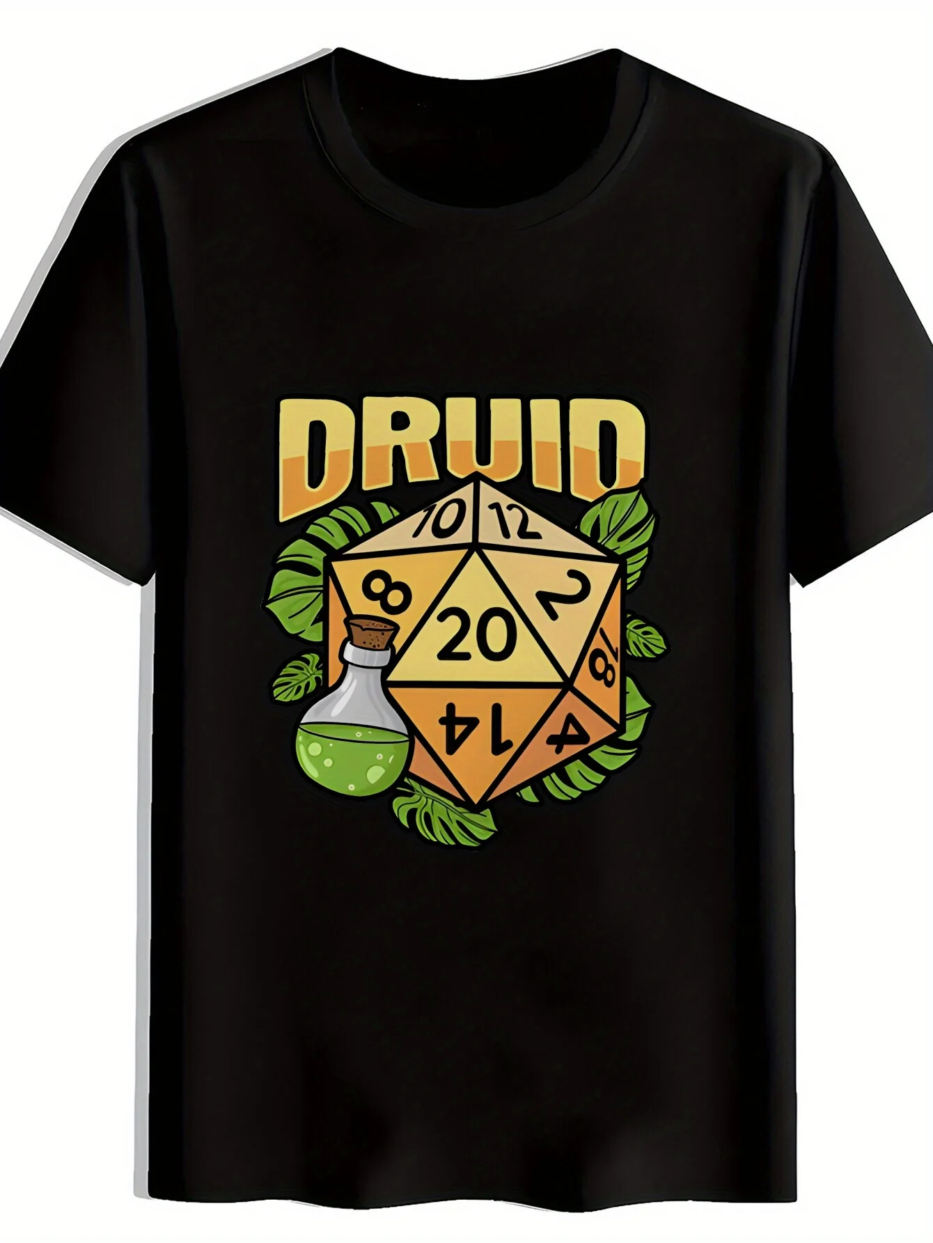 Men's D&D Inspired Graphic T-Shirt - Black Casual Round Neck Tee with Yellow D20 Die & Green Potion Bottle Print, Summer Comfort Fit, Machine Washable Gamer Gift for Tabletop RPG Fans, Summer Tshirt | Druid Themed Print | Bold Visual Tee