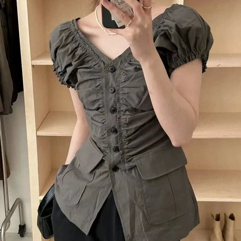 

French Vintage Puff Sleeve Blouse Women Irregular Ruched V Neck Button Down Design Shirt Slim Fit Elegant Summer Korean Tops New