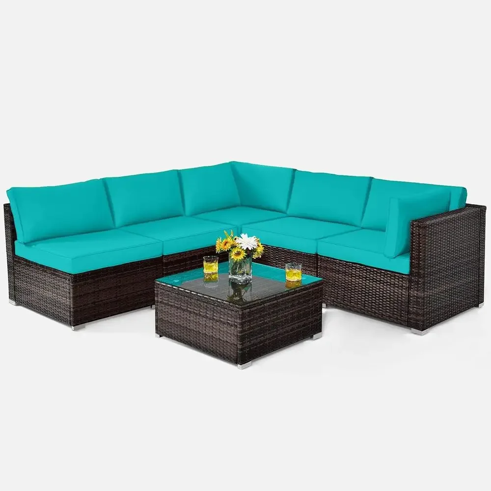 

6-Piece Outdoor Wicker Patio Furniture Set with Cushioned Sofa and Glass Top Coffee Table