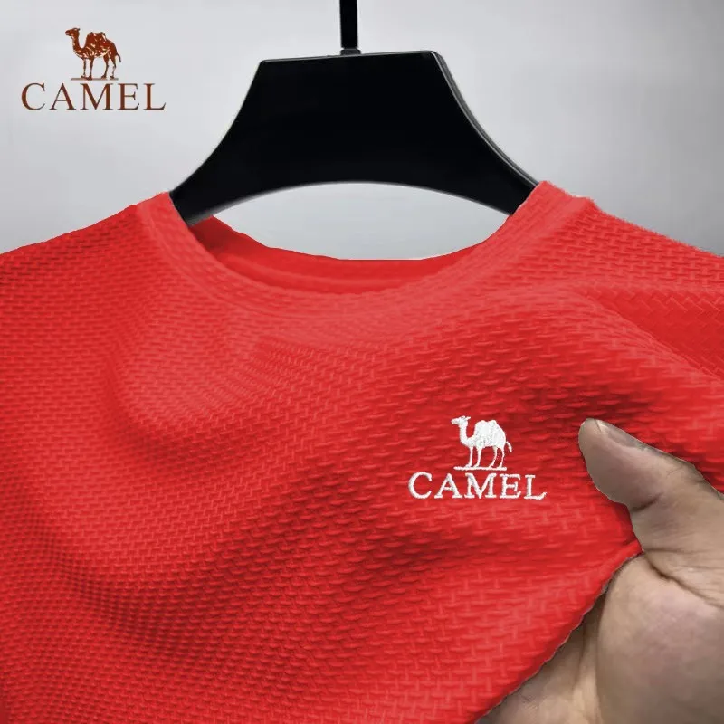 New Men\'s Embroidered CAMEL Ice Silk Round Neck Short Sleeved T-shirt Summer Luxury Fashion Casual Breathable Cool Polo Shirt