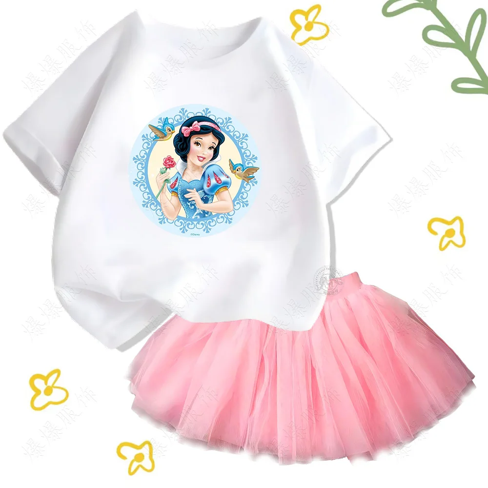 T-shirt in cotone bianco come la neve stampata in cartone animato per bambini più gonna in tulle set ragazze baby fashion casual dance party dress