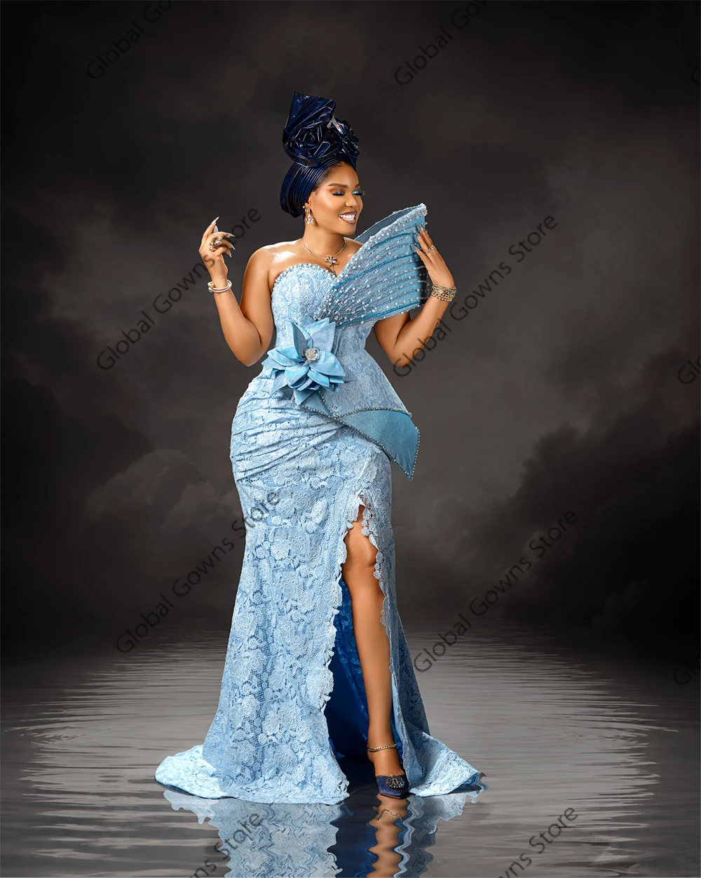 Aso Ebi Sky Blue One Shoulder Mermaid Lace Prom Dresses with Side Slit Customized Long Black Women's Party Gowns Plus Size