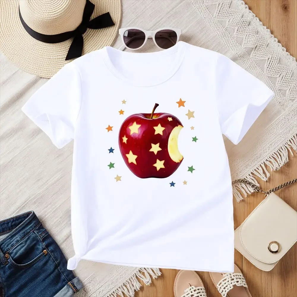 Women's Summer New Short-Sleeve Tops Red Apple and Star Printed Casual Female T-Shirt Top Kids Y2k Vintage Breathable Clothes