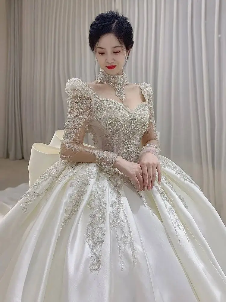 Satin Wedding Dress New Bride Long Sleeve Heavy Duty Luxury White Wedding Gown Main Yarn Pregnant Women\'s Square Neck Slim Tail