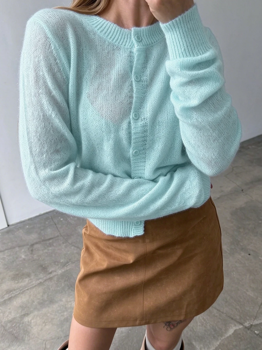 Wolfeel Spring Women's Cardigan Wool Sweater Slim Fit Hollow Round Neck Slim Fit Women's Knitted Top Fashionable Lazy Sweater