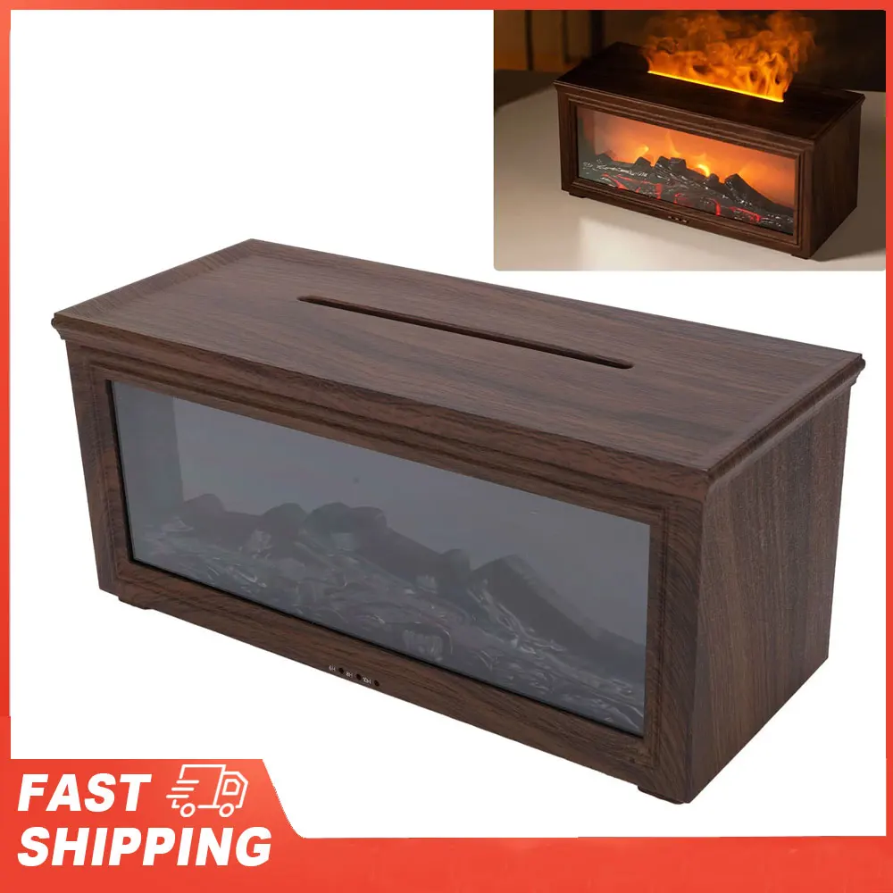 180ml Water Tank Wood Grain Fireplace Aromatherapy Diffuser Simulation Flame Humidifier Essential Oil Diffuser for Home Dark