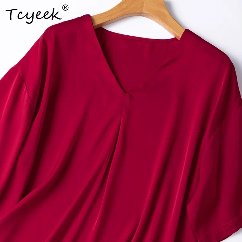 

Tcyeek Women's 20MM 93% Mulberry silk 7% Spandex Tshirt,Elastic Double Satin Loose V-neck Half Sleeve Casual T-shirt T55705JF