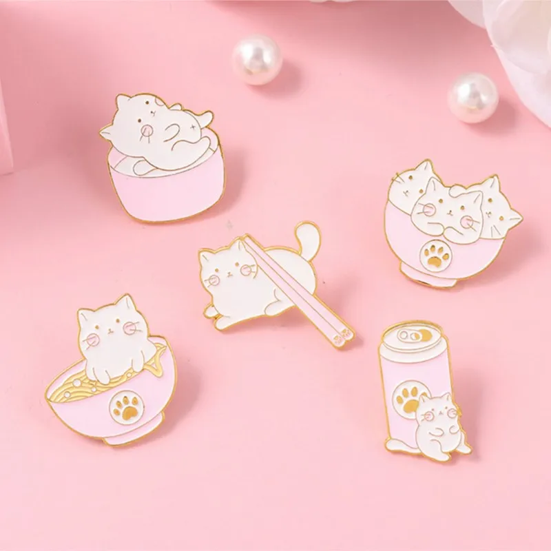 Enamel Pin Pink Can Chopsticks Noodle Bowl Brooches Metal Badges Bag Clothes Pins Up Jewelry Gift for Cat Lover Cat and Food