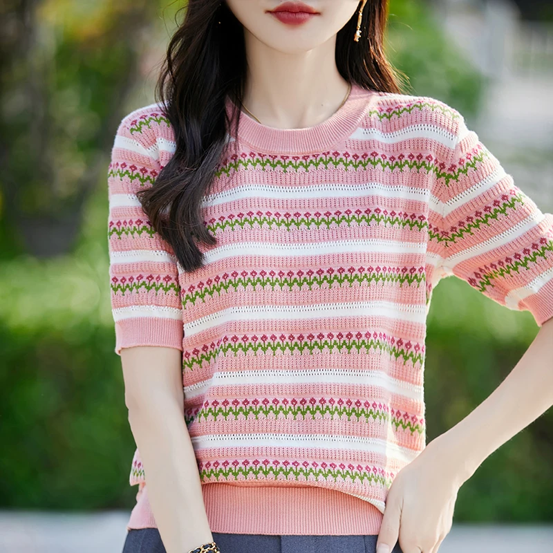 New Style Fine-Woven Summer Spring Women's Round-Neck Knitted Top With Short sleeves - Fashionable High-Quality Knitwear -SMY801
